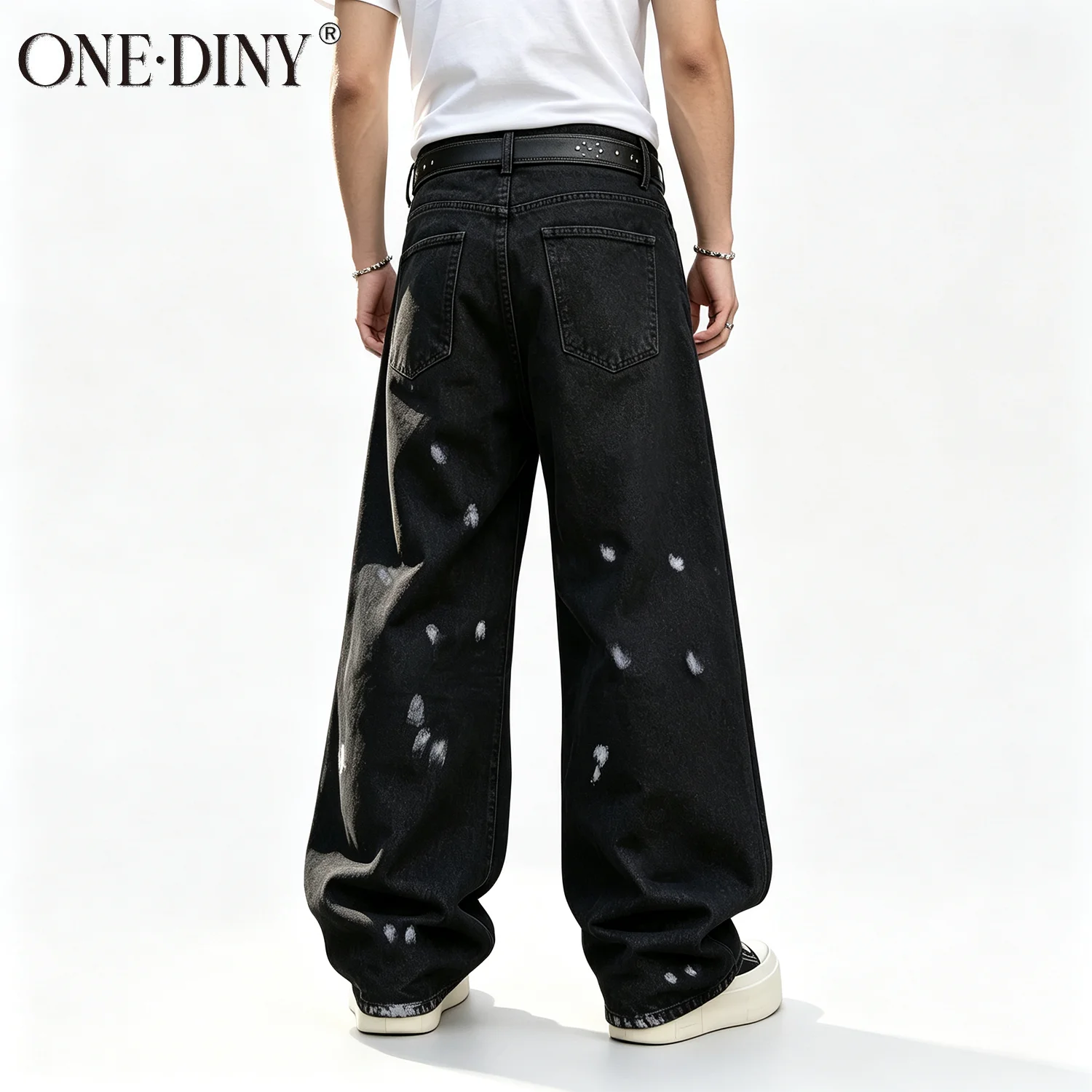 ONE·DINY Men's Baggy Jeans Black Paint Splatter Patchwork Wide Leg Denim Pants Streetwear Y2K Hip Hop Distressed Loose Trousers