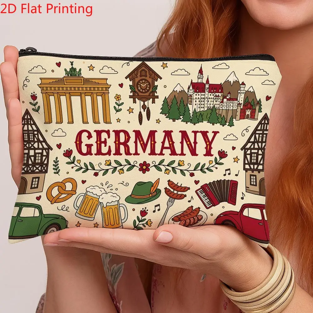 Germany Travel Themed Print Makeup Bag German Landmark Folk Element Cosmetic Pouch Travel Zipper Storage Pouch Souvenir Gift