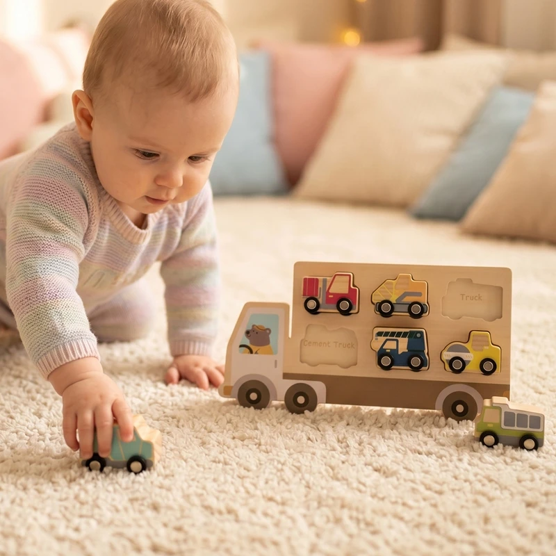 

0-3 Years Car Toys Wooden Construction Truck Toy Set Montessori Shape Matching Puzzle with 6pcs Engineering Vehicles Educational