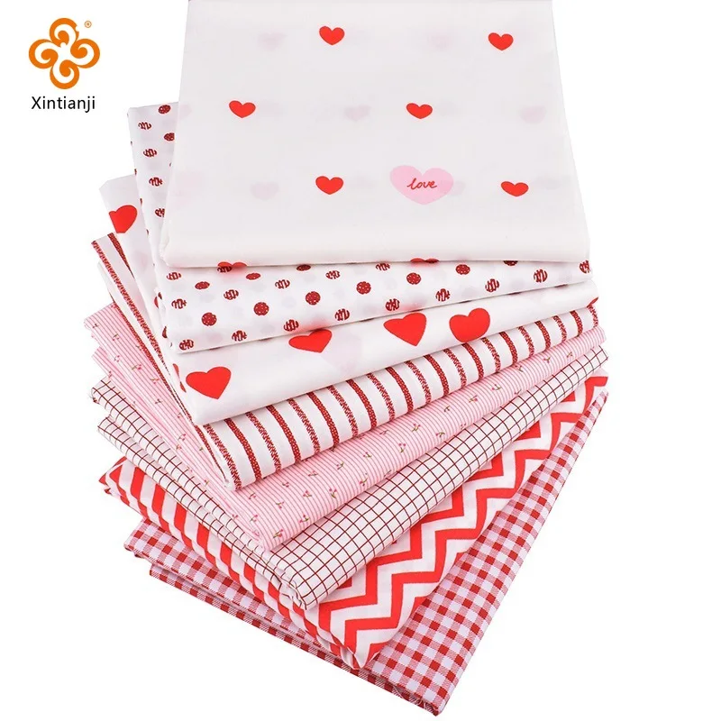 Red Cotton Patchwork Fabric Twill Heart Print Fabric Valentine's Day DIY Handmade Quilt Material 8pcs/Set 25X25cm