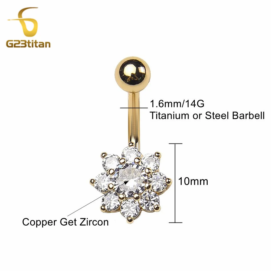G23titan White CZ Zircon Flower Belly Button Ring Surgical Titanium Barbell 14G Body Jewelry Decoration Navel Ombligo Piercing
