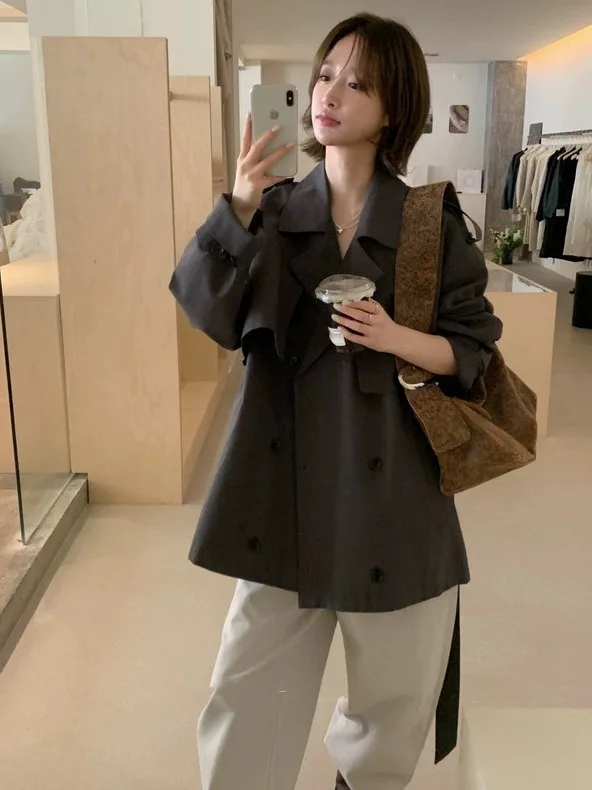 

Korean Sle ort Casual Women's Jaet Double Row Buttons Autumn New Arrival Faionable Ele Coat for Small Figures