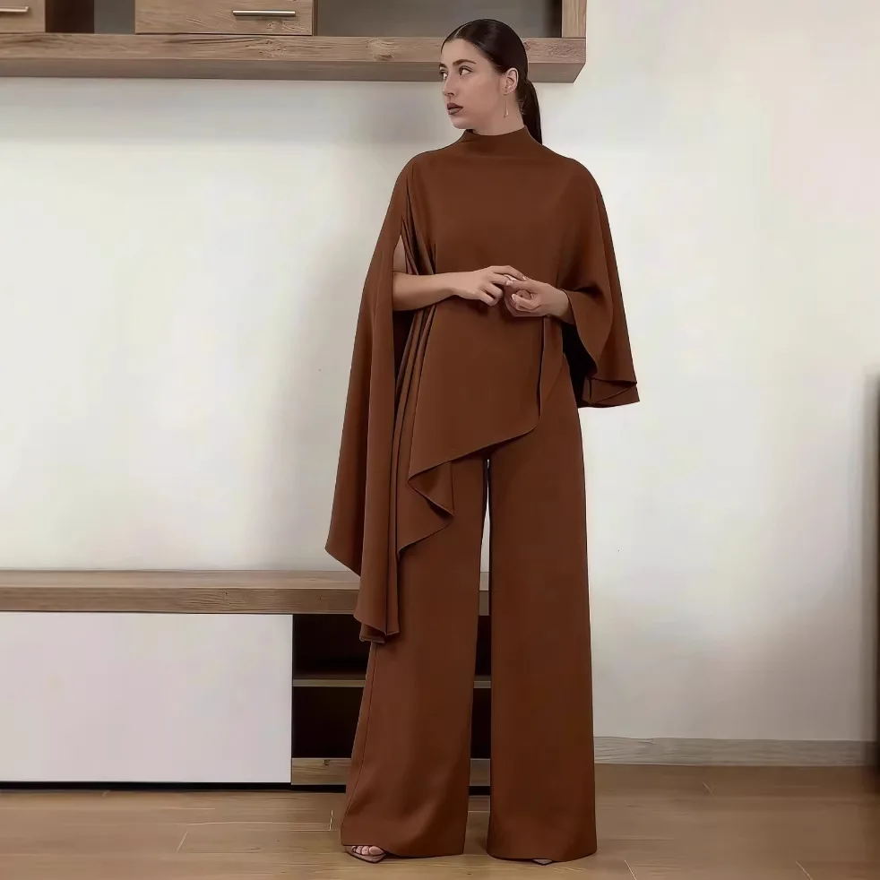 Solid Wide Leg Long Pants Elastic Waist Y2k Elegant 2026 Pant Set Women Two Piece Sets Stand Neck Irregular Hem Half Sleeve Tops