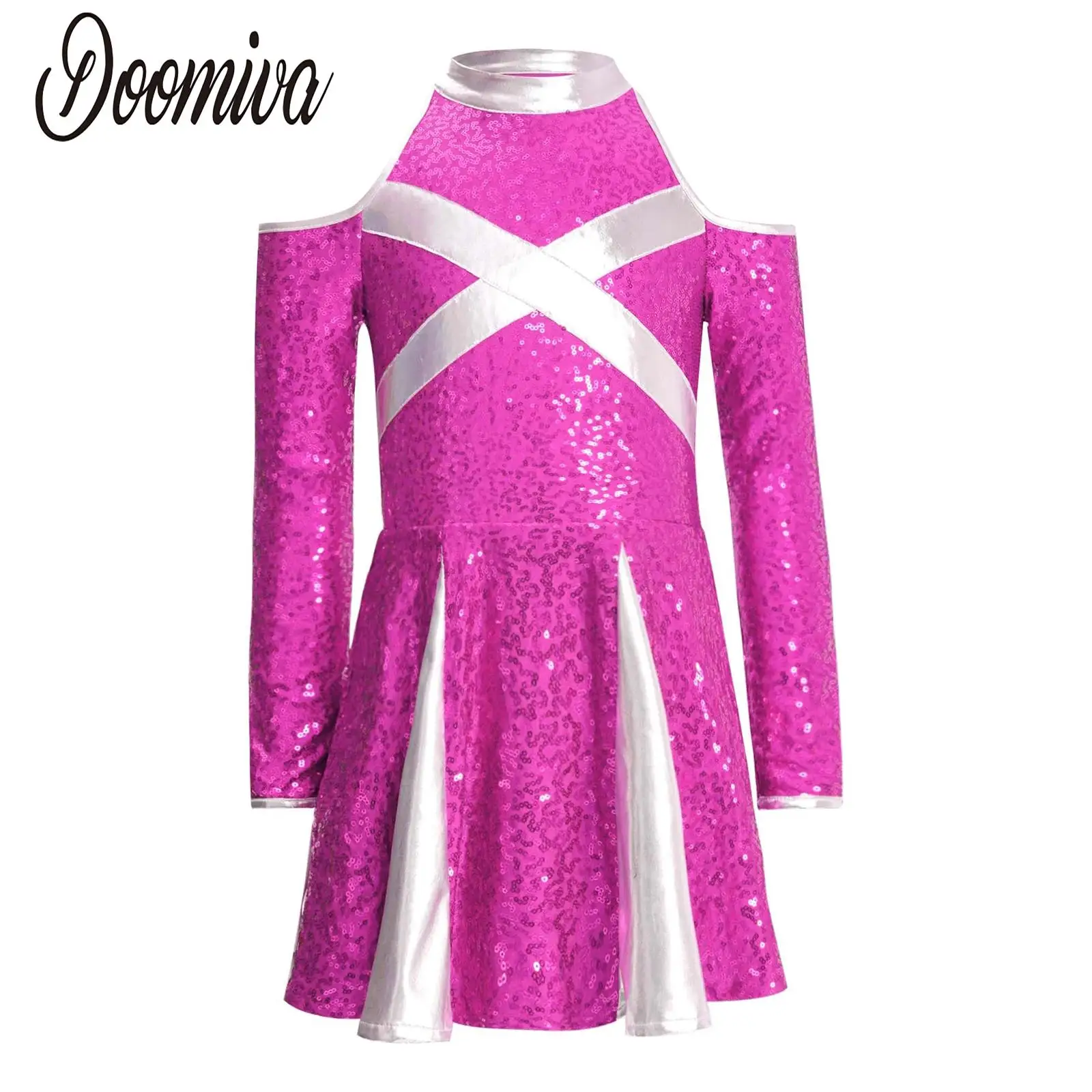 

Kid Girls Jazz Dance Performance Costume Cheerleading Dancewear Cold Shoulder Long Sleeve Keyhole Back Color Block Sequins Dress