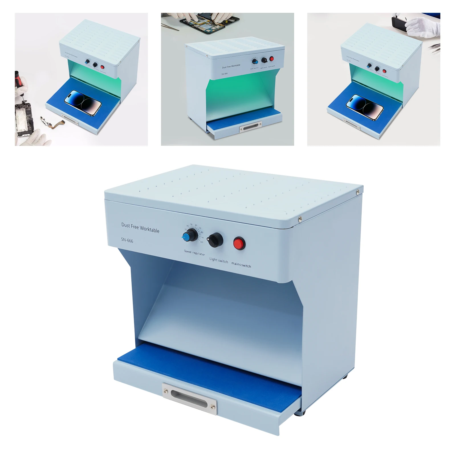 Estação de trabalho de chapa metálica de banco limpo de fluxo de ar, estação de trabalho retangular azul bebê 110V sem poeira para reparo de telefone LCD