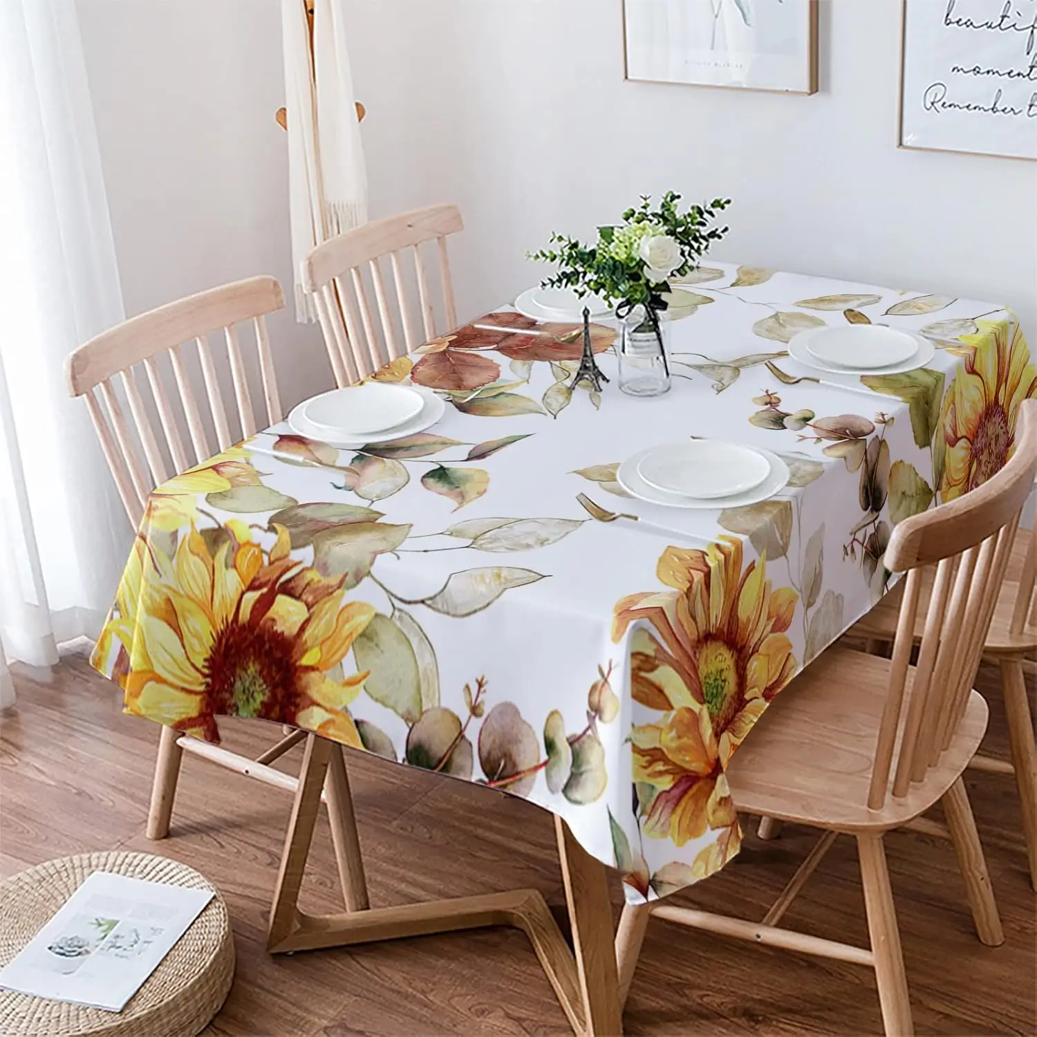 Fall Sunflowers Eucalyptus Leaves Tablecloth for Table Decoration Autumn Thanksgiving Table Cloth Holiday Party Wedding Decor
