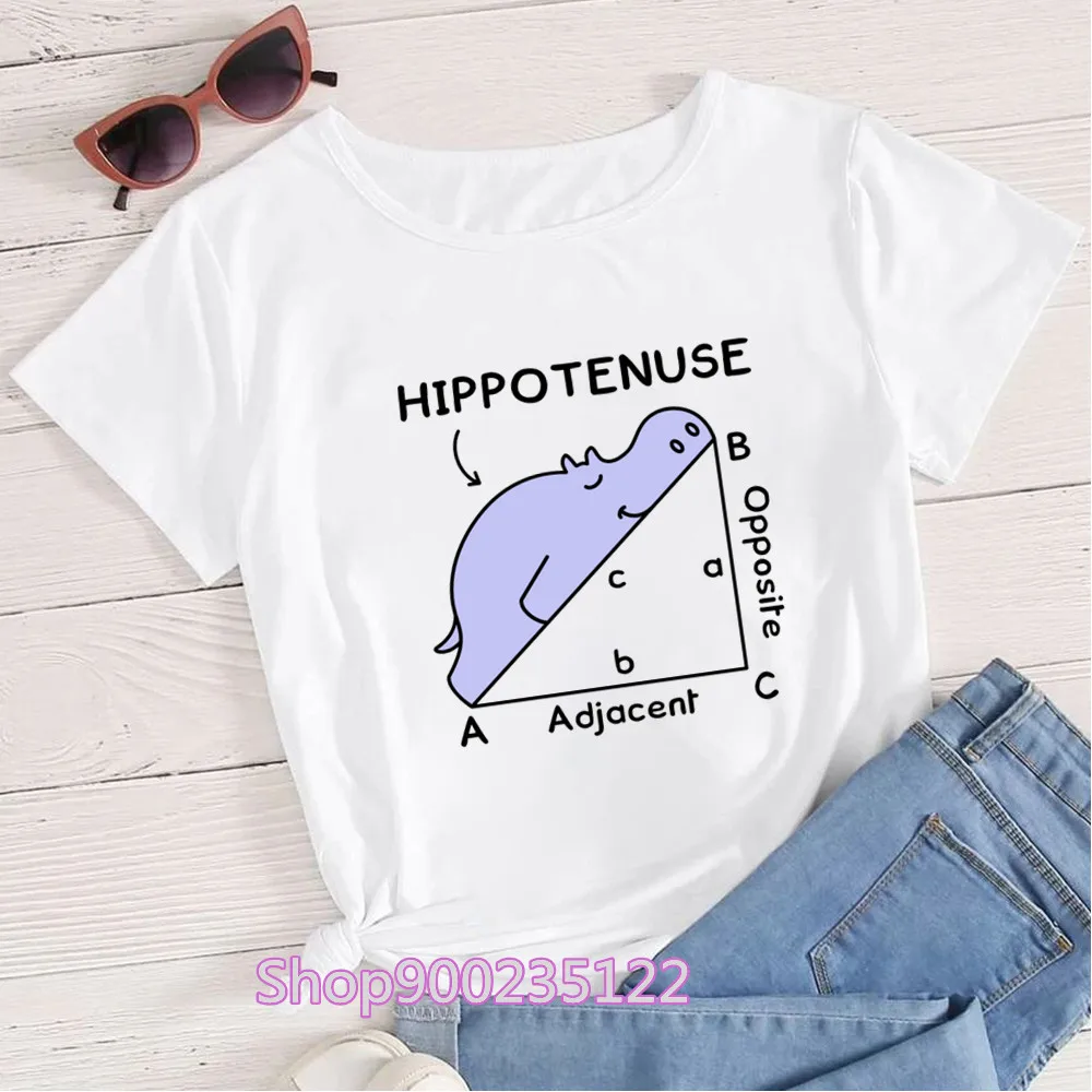 Women T-shirt Hippo Printing Hypotenuse Math Pun T Shirt Females O-Neck Oversize Top Slim Kawaii Animal Ladies T Shirt