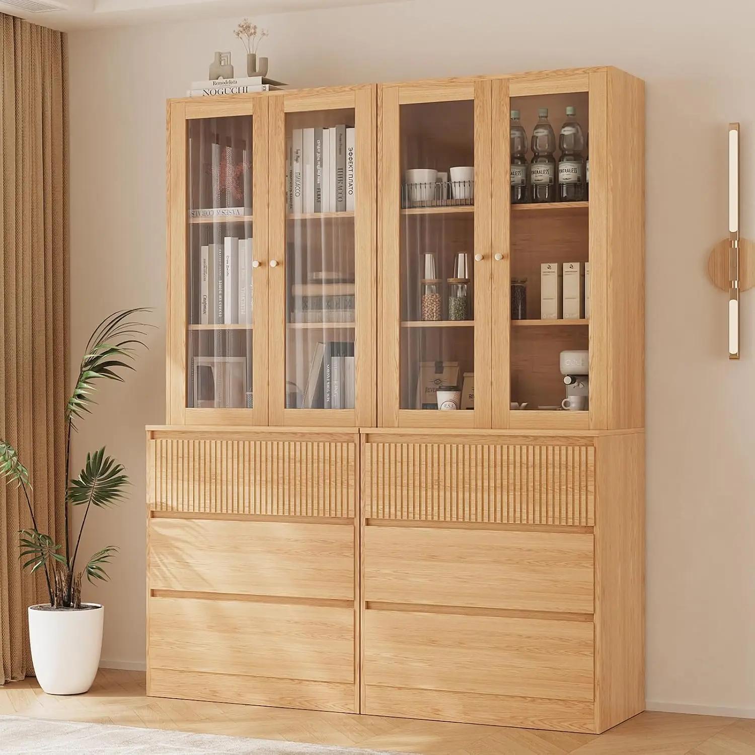 Large TV Stand Bookshelves 75" TV, Glass Doors Shelves Entertainment Center 2 Cabinets Living Room, Customized - view 6