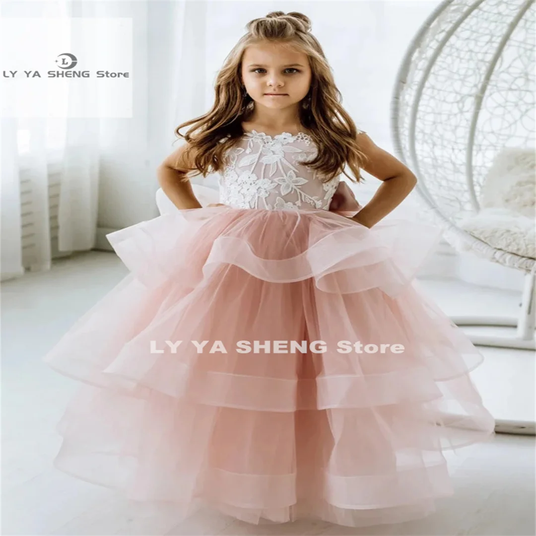 Flower Girl Dresses Dusty Pink Tulle Puffy Tiered White Appliques With Bow Sleeveless For Wedding Birthday Banquet Princess Gown