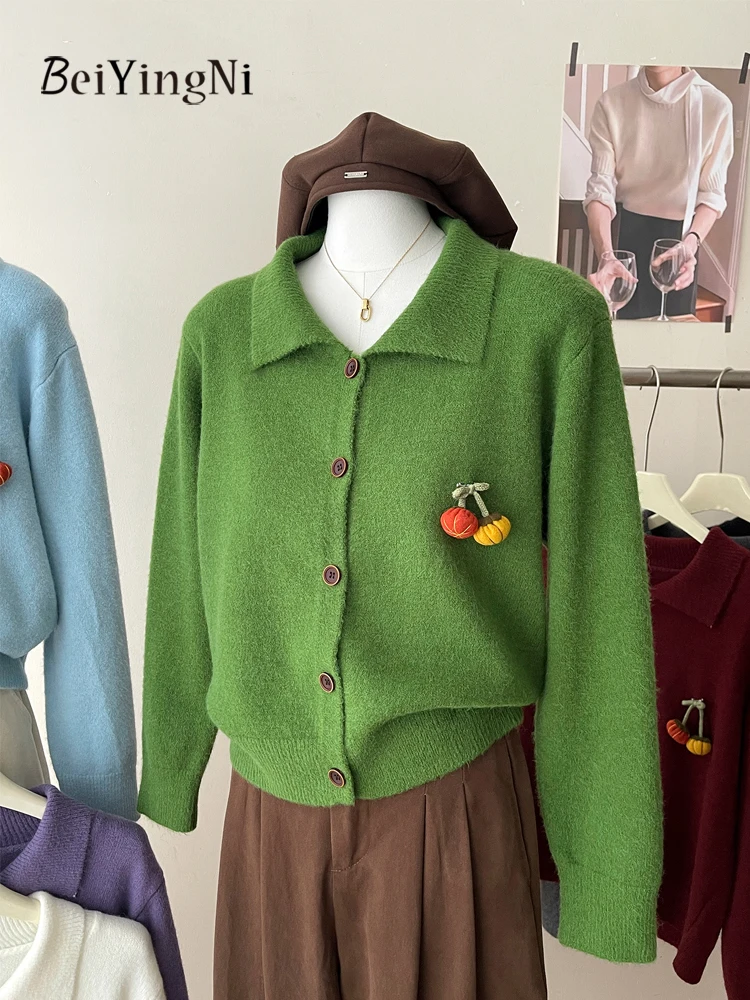 

Beiyingni 2025, корейские кавайные женские кардиганы с подвеской в виде тыквы, кашемировый трикотаж, свитера для женщин, простые однобортные пальто