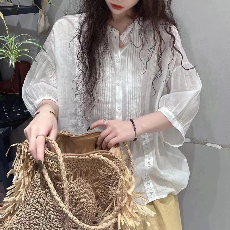 

BOLATU Women's Cotton Linen Shirt round Neck Single Button Five Sleeve Summer New Pure Color Loose Fit Casual Fashion