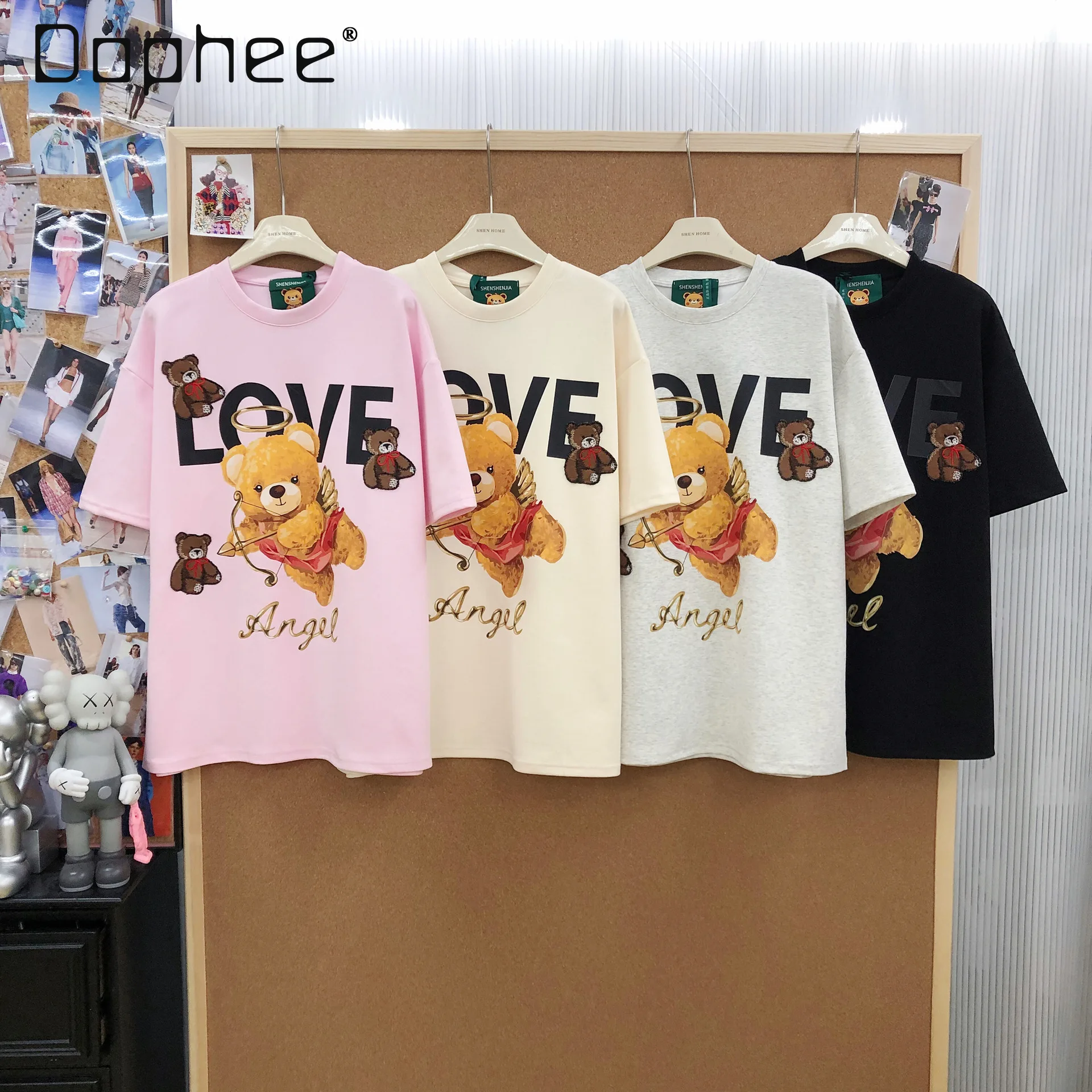 

Korean Version Age-Reducing Cute Bear Embroidered Patch Printed Loose Mid-Length Cotton Short-Sleeved T-Shirt Women 2026 New