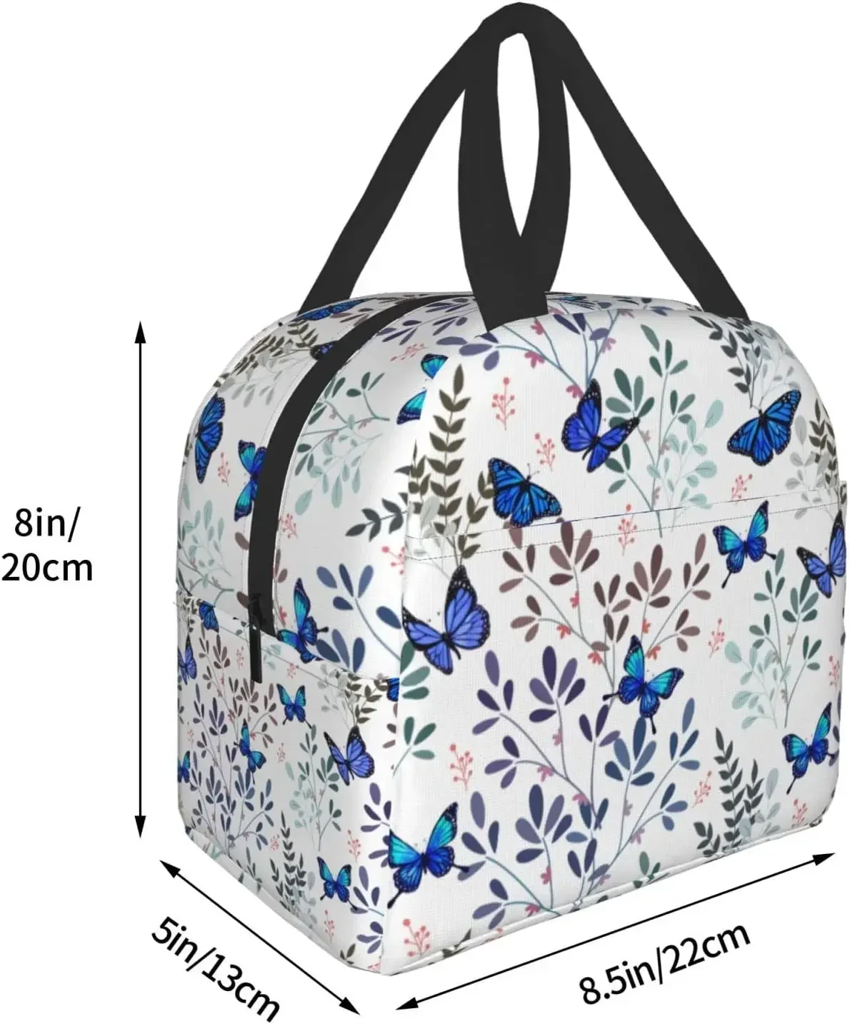 Butterfly Insulated Lunch Bag with Front Pocket Reusable Cooler Tote Bag with Zipper for Camping Hiking Picnic Beach Travel Work