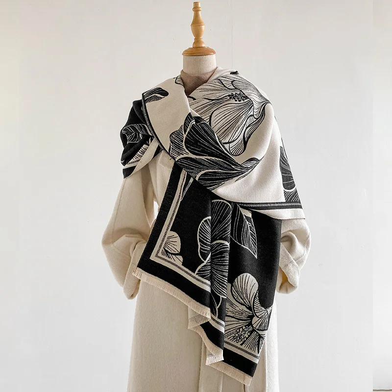 Women Scarf Large Floral Shawl Wrap Lily Flower Pattern Reversible Tassel Pashmina Scarves Autumn Winter Spring Shoulder Cover