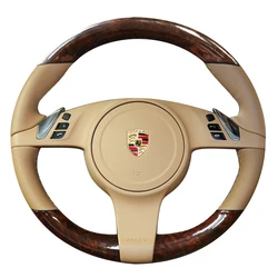 DIY Hand-Stitched peach wood grain genuine Leather Non-Slip car Steering Wheel Cover For Porsche Cayenne Panamera 2010-2012