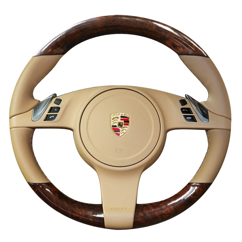 Ręcznie szyty pokrowiec na kierownicę samochodową z prawdziwej skóry o fakturze drewna brzoskwiniowego, antypoślizgowy, do Porsche Cayenne Panamera 2010-2012