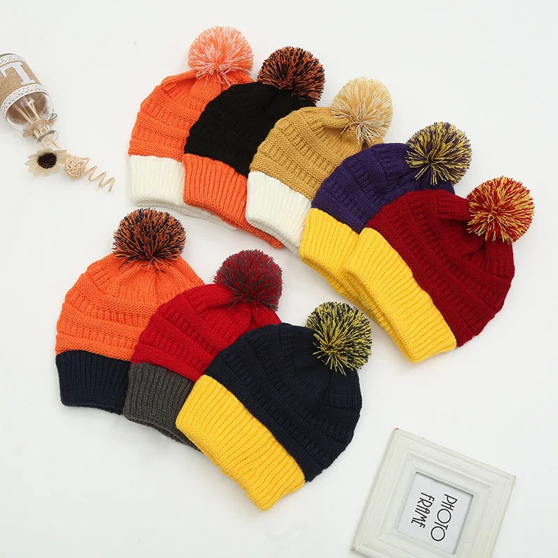 Autumn Winter Hat Matching Knitted Beanies Skully Trendy Warm with Pompom Fur Pom Pom For Women Double Color Fashion Beanie