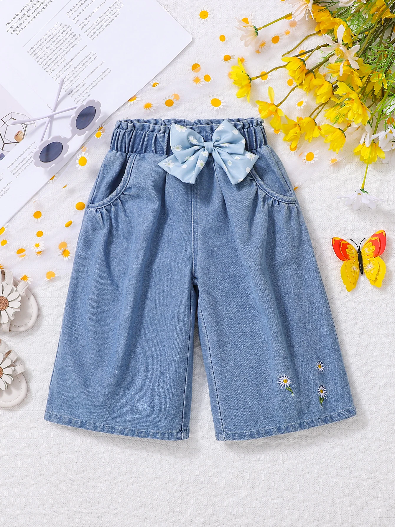 

Прямые джинсы для девочек с эластичной резинкой на талии-бабочкой для весенне-осенней сезонной одежды, удобные детские джинсовые брюки