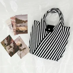 Fashion Striped Knitted Bag Girls Casual Shoulder Bags Student Handbags Female Tote Purse Women Retro Commuter Bucket Handbag