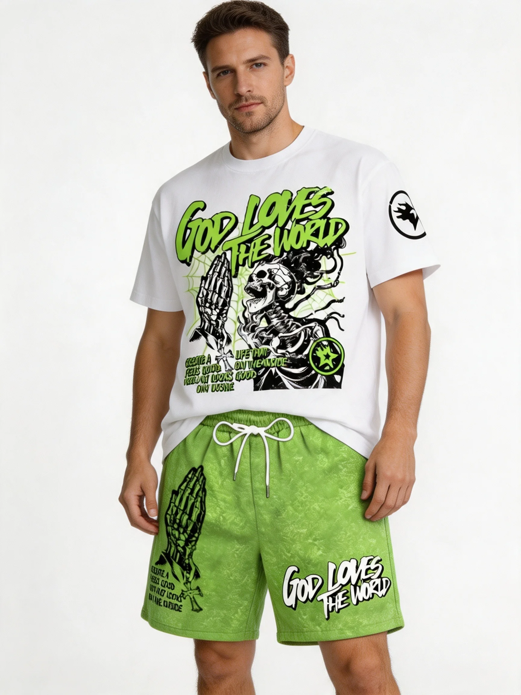 Skull Letter Print Men Casual Summer Shirts Women Suit Short Sleeve Shorts Set Quick Dry Men's T Shirt Tracksuit 2 Piece Set