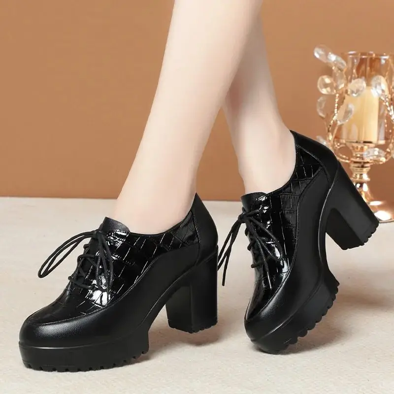 Deep Mouth Soft Leather Shoes Women Oxfords Platform Pumps High Heels Shoes Black Lace up Office Work Pumps Shoes