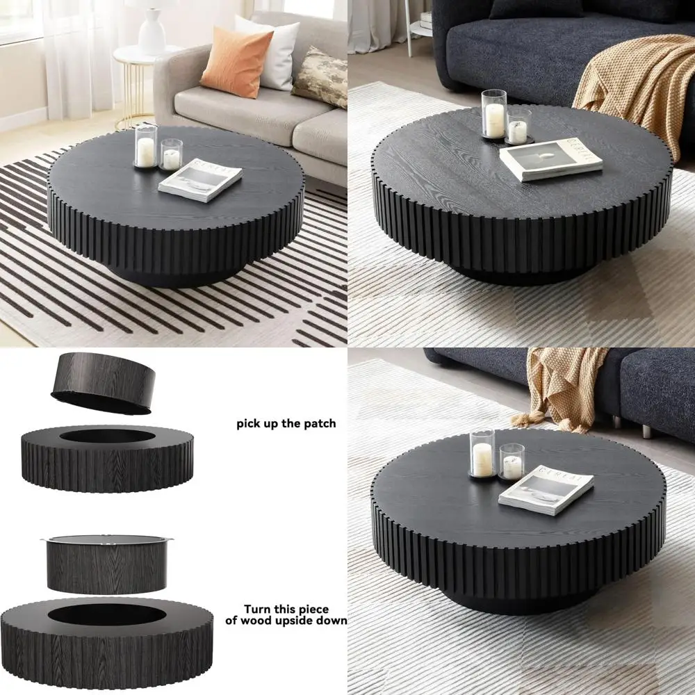 طاولة قهوة مستديرة على طراز المزرعة الحديثة من خشب الجوز الأسود مع تفاصيل منحوتة حرفية لغرفة المعيشة