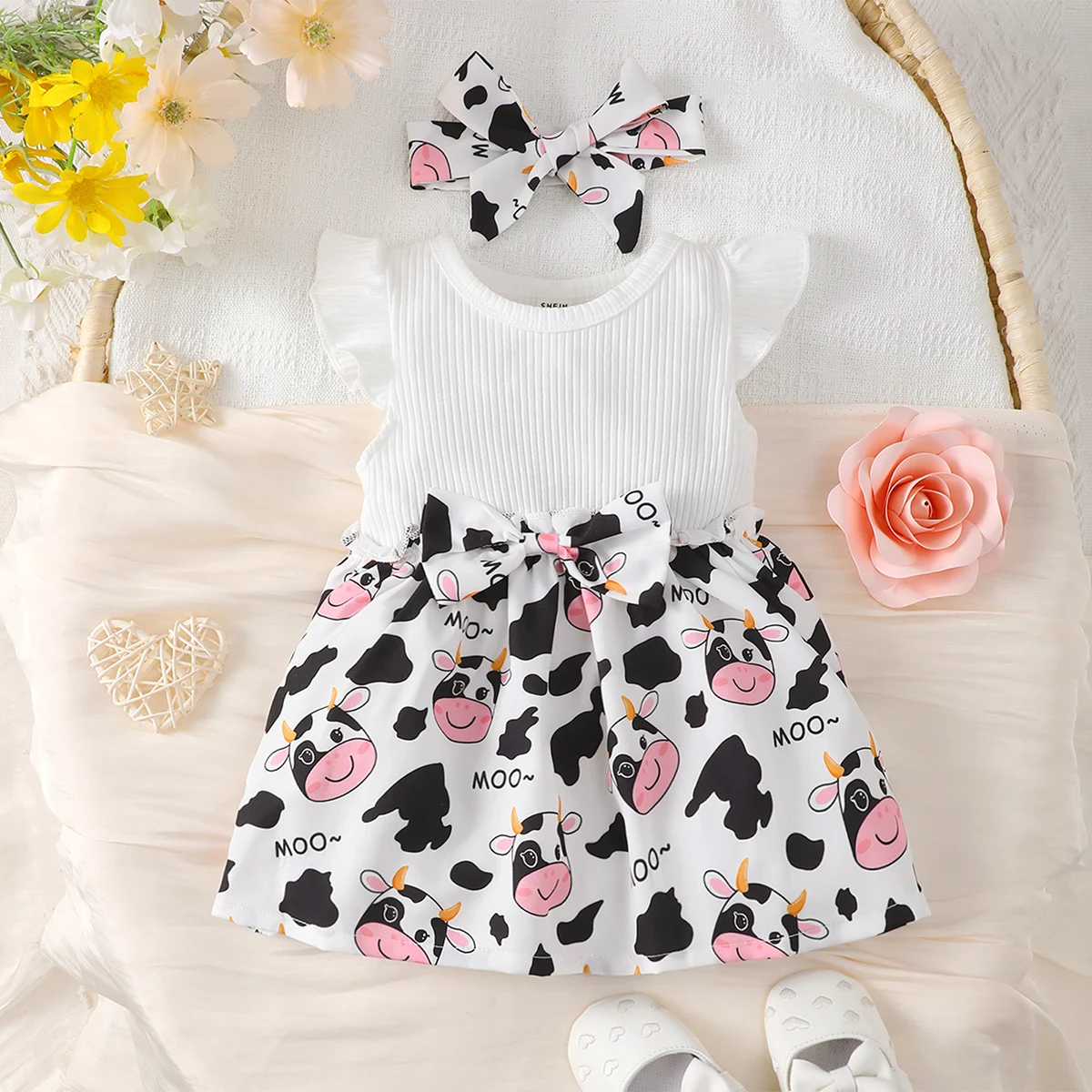 White Cute Cartoon Cow Set Dress Baby Girl Dress Bow Hair Band Skin Friendly Round Neck Flying Sleeve Mosaic Design Lively Skirt