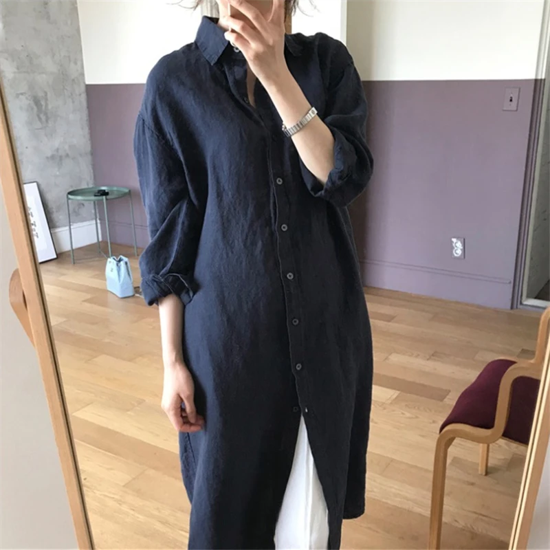 Camicetta lunga da donna bianca autunnale 2024 nuova tinta unita elegante manica lunga coreana monopetto Casual camicie larghe femminili