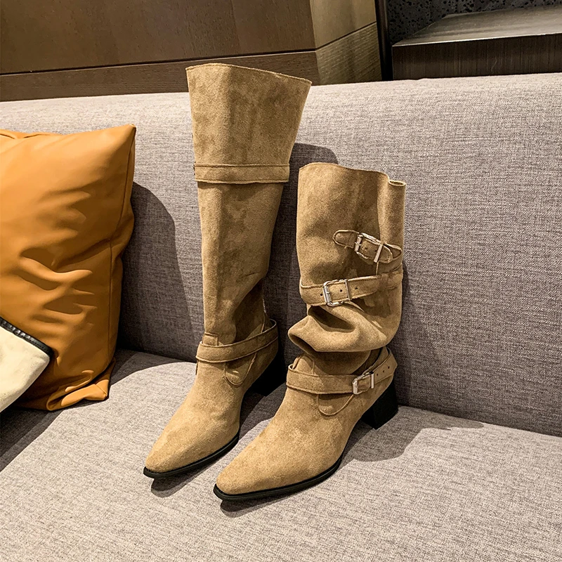 

Women Knee High Boots Autumn Winter Female Shoes Fashion Female Slip-on Folds Low Heel Round Toe Flat Long Boots Botas De Mujer