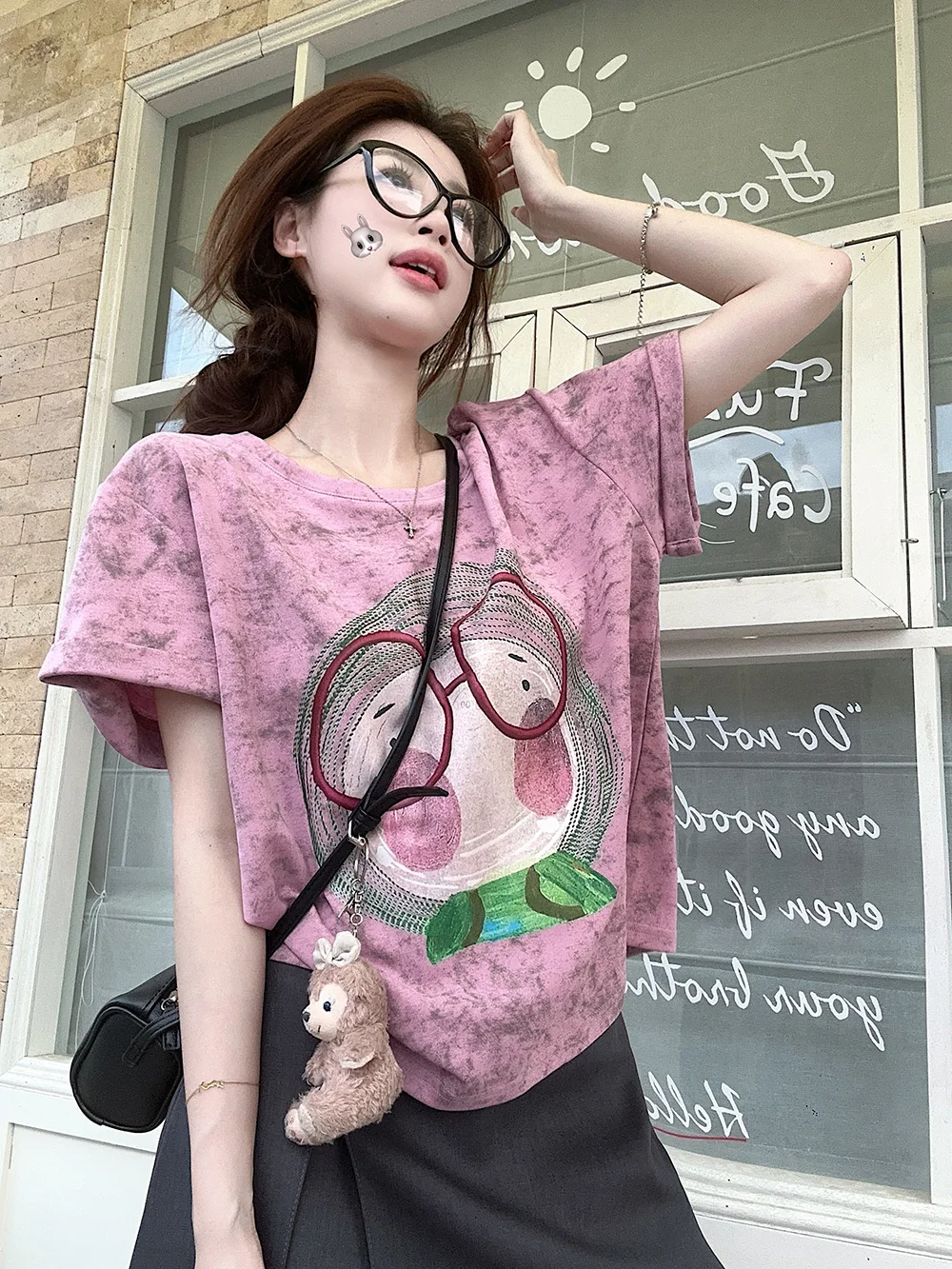 

Cartoon Gradient Print Short Sleeve T-Shirt Women's Summer Loose Lazy Style Casual Versatile round Neck Half Sleeve Body Top