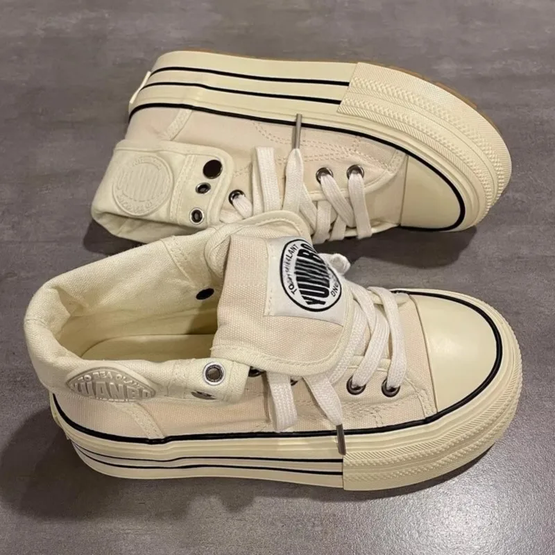 

Женские высокие парусиновые кроссовки на массивной платформе 2025 года, повседневная обувь в стиле ретро, нишевый дизайн для студентов, универсальная одежда