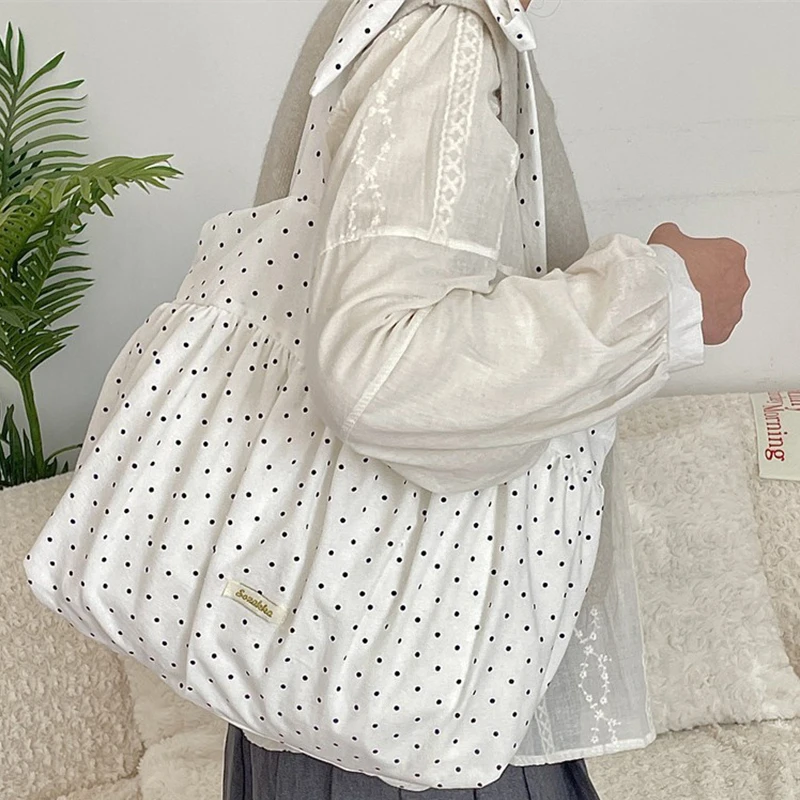 

Summer New Large Capacity Tote Bag Korean Polka Dots Canvas Shoulder Bag Casual Fashion Women Underarm Bag