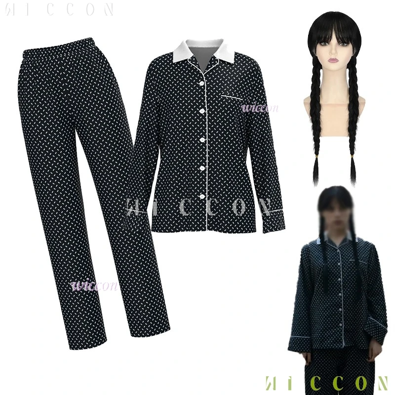Adultos Hallow Traje Tv Gótico Matío. Disfraz de Cosplay Adaams Mismo estilo PJ Ropa de dormir Traje para casa Halloween 2025 Polka-d negro