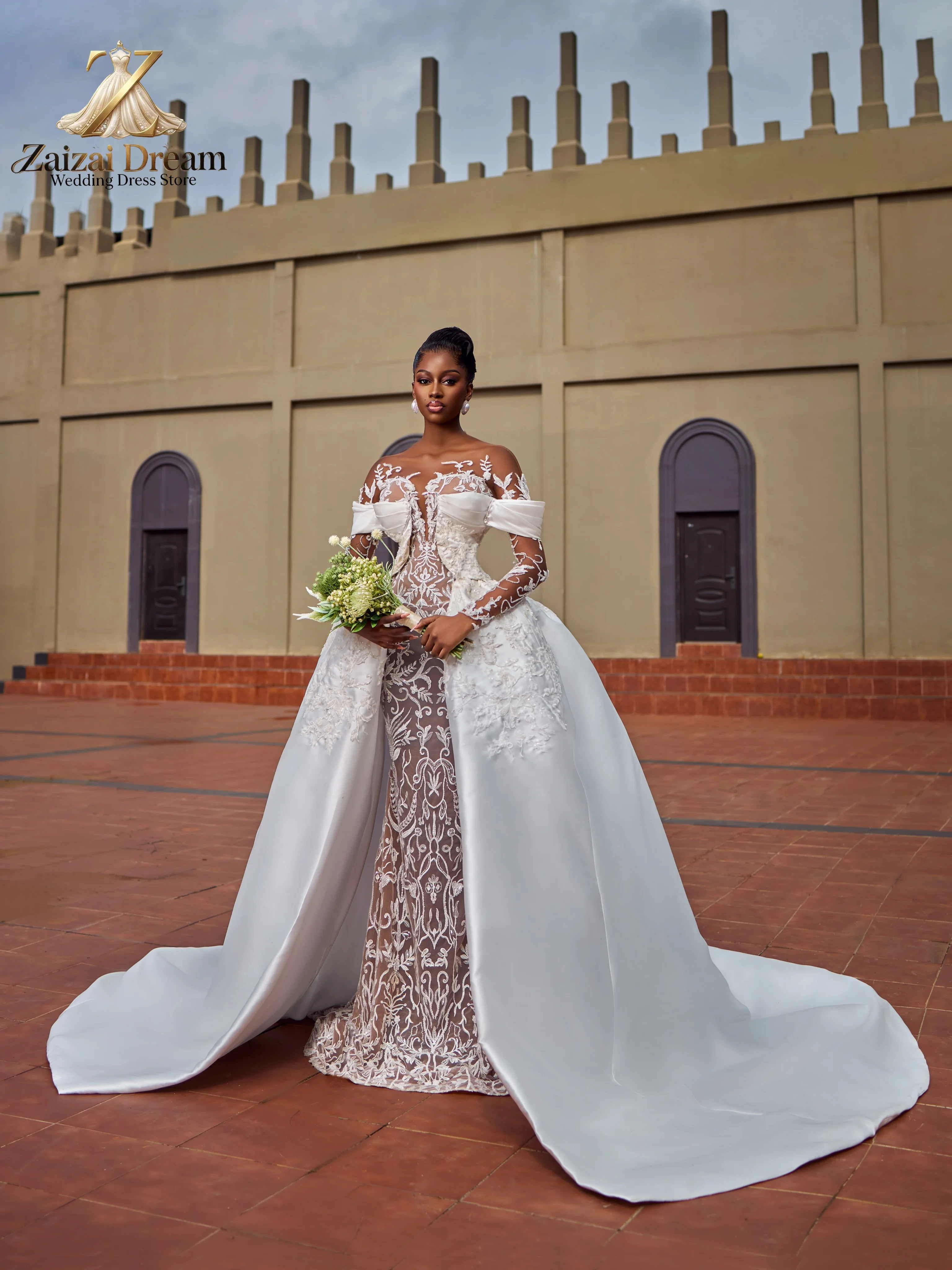 Customized Luxury Applique Wedding Gown Off Shoulder Long Sleeves Fitted Bridal Dress Detachable Overskirt Vestido de Novia