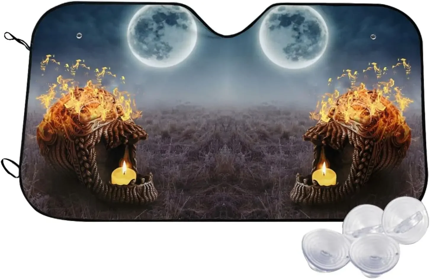 Skull Candle Fire Glass Pattern Sun Shade Front Window Sunshade for Most Sedans SUV Blocks Max Uv Rays Keep Your Vehicle Cool