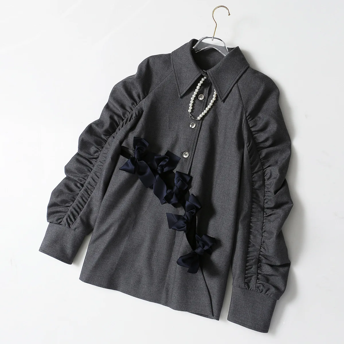 Haut à revers plissé à manches bouffantes pour femmes, avec nœud papillon, ajouré, Silhouette rajeunissante, chemisiers et chemises polyvalents, automne et hiver