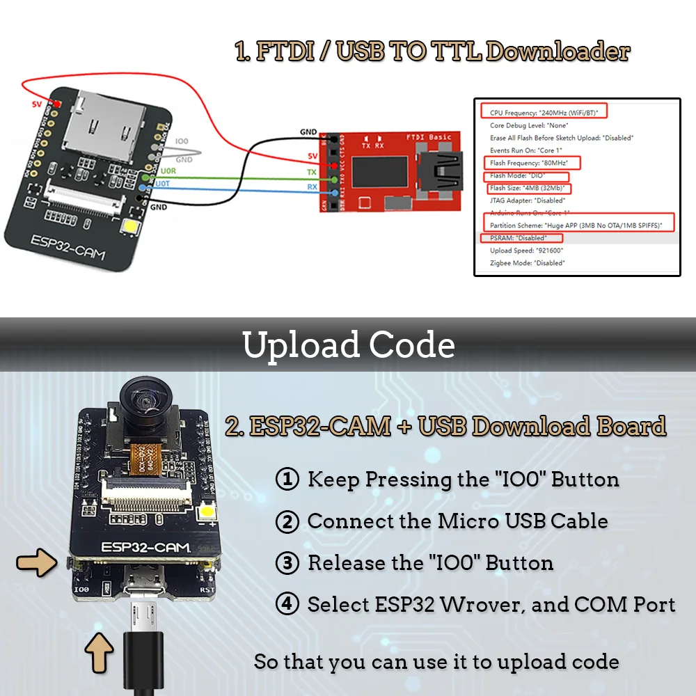 OV2640 ESP32 Cam Set with DVP 24pin Camera 66 120 160 Degree 850nm Night Vision 2MP 2.4 GHz 8MB PSRAM Wireless Bluetooth Module