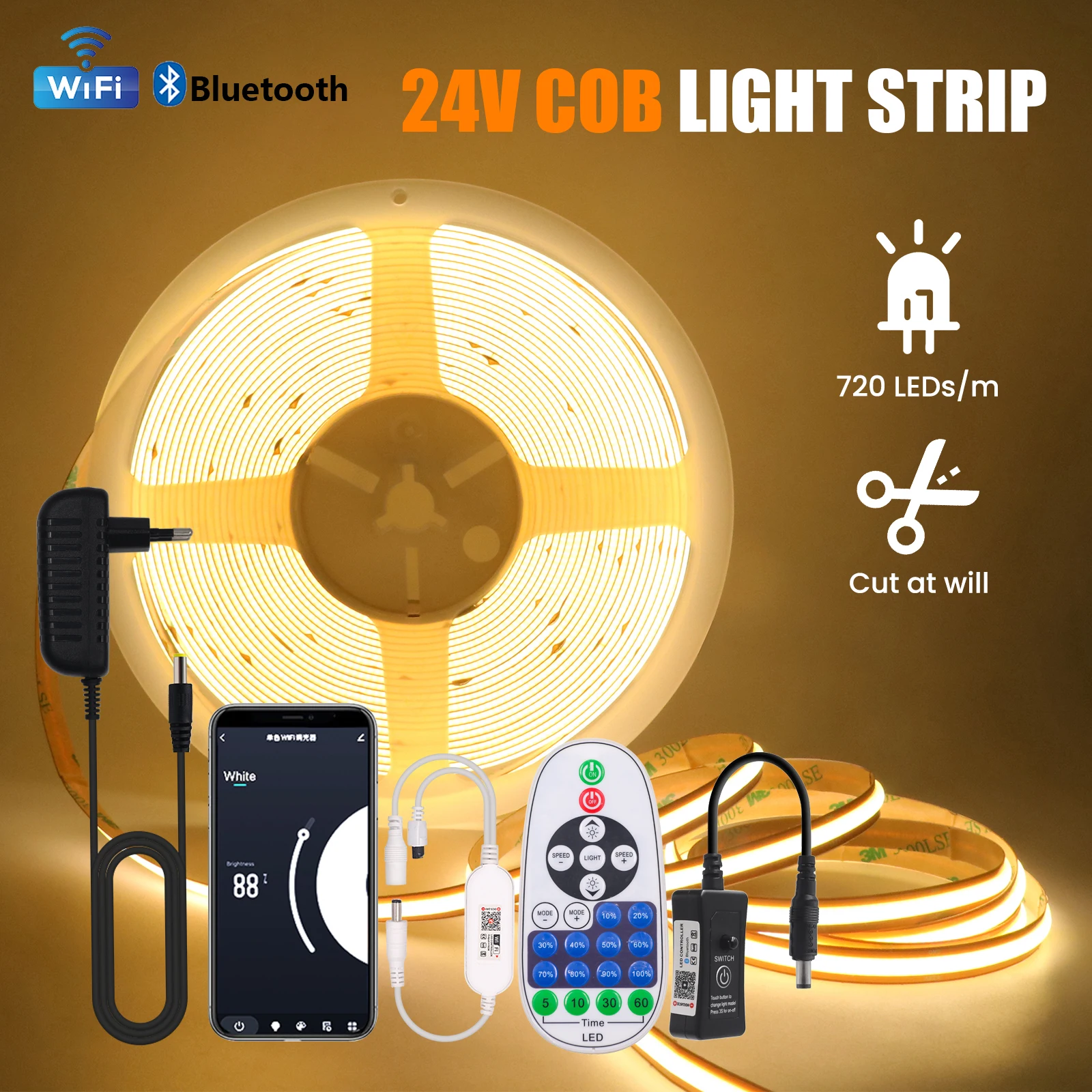 24V 720LEDs/m COB LED Strip Can Be Cut Freely COB LED Ribbon Tuya Wifi Bluetooth Remote Control Adhesive LED Lighting Strip