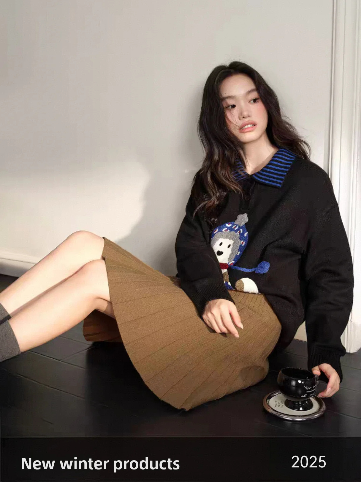 

Вязаный свитер Bla Ne, женский зимний новый полотенце с вышивкой собаки, мультяшный принт, свободный крой, длинный топ све