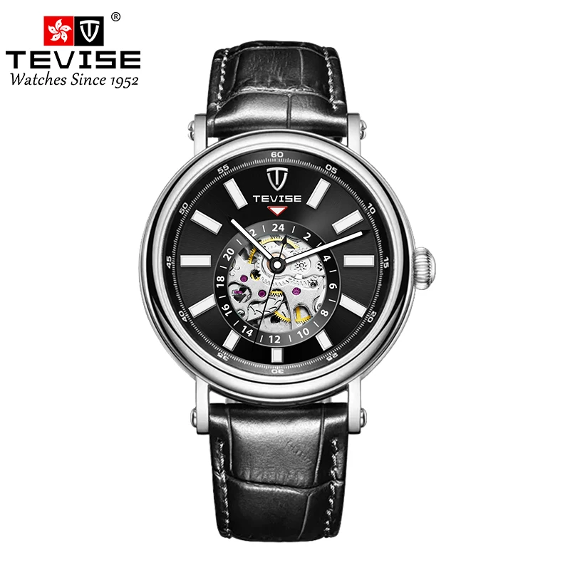 TEVISE Mechanical Watch Men Automatic Watch Leather Strap Luminous Skeleton Watch Causal Business Watch