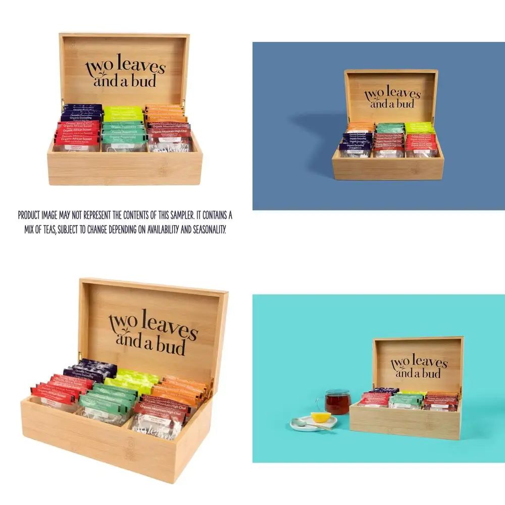 

Two Leaves and a Bud Organic Tea Sampler in 6-Slot Bamboo Presentation Box - Filled Gift Box with Tea Assortment of Green, Black
