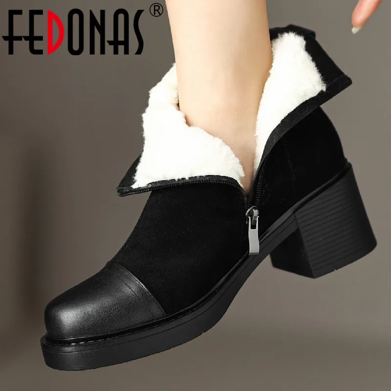 

FEDONAS Concise Mature Women Ankle Boots Office Ladies Thick Heels Cow Suede Leather Thick Plush Shoes Woman 2023 Autumn Winter