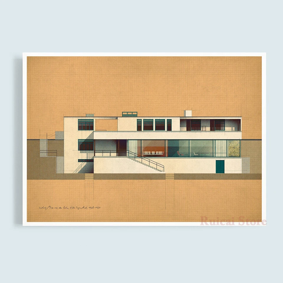 Ludwig Mies van der Rohe, Villa Tugendhat Poster Canvas Art Room Wall Painting Home Decor