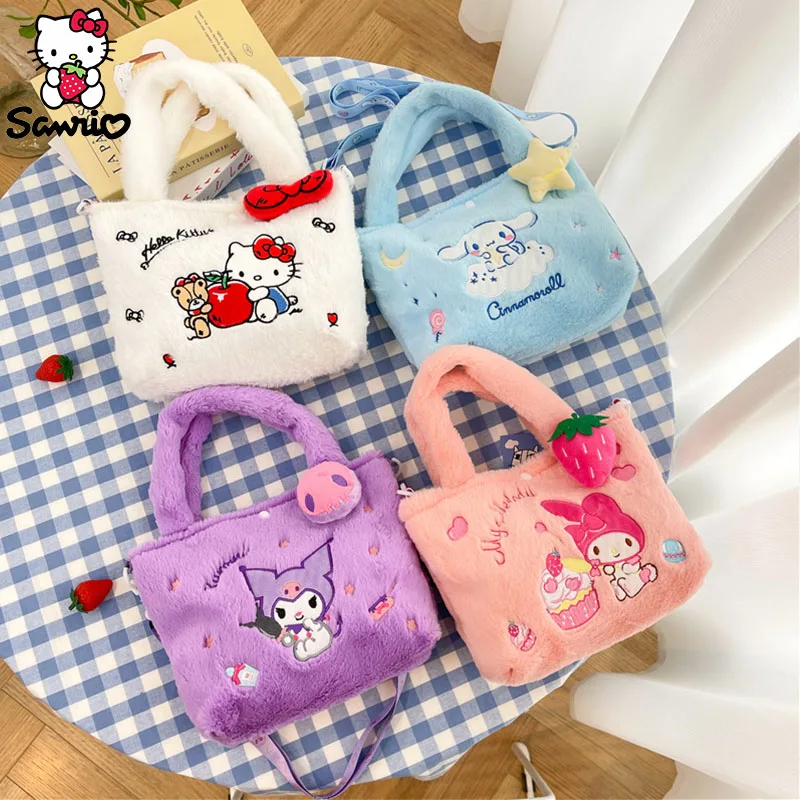 Kawaii Sanrio กระเป๋ากำมะหยี่ Kuromi Crossbody กระเป๋าเป้สะพายหลัง Cinnamoroll กระเป๋าสะพายไหล่ Hello Kitty กระเป๋าถือโท้ท plushie GIRL