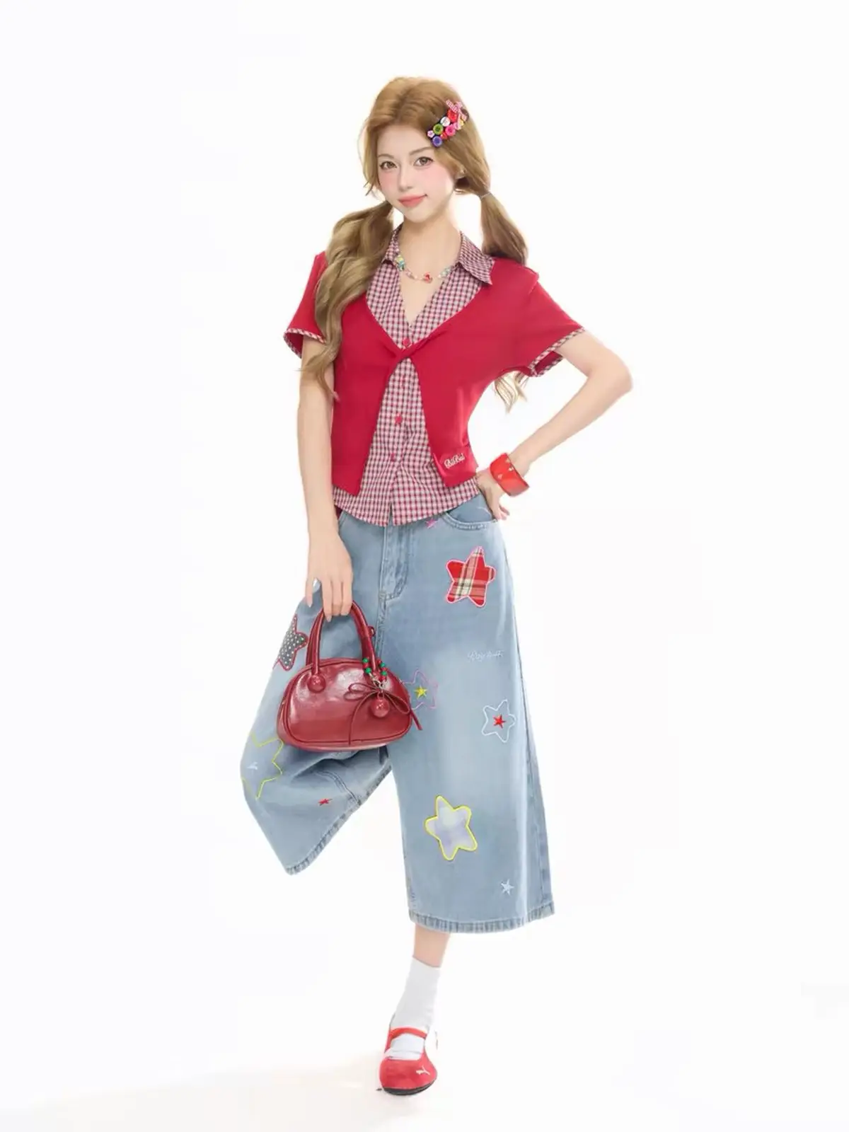 Y2K American Style Star Stickers Covered Print Loose Fit Slimming Wide Leg Versatile Shorts for Women Summer