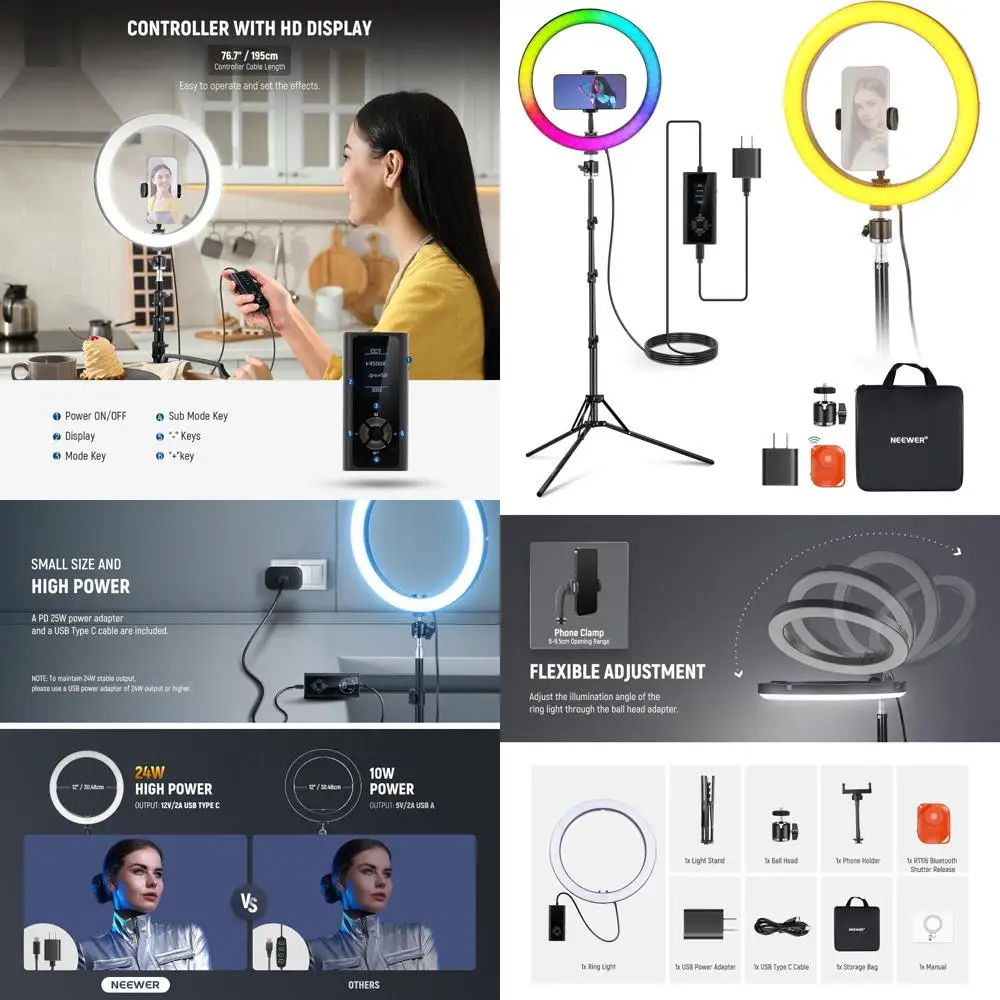 

12 24W RGB LED Ring Light with USB-C PD, Tripod Stand, 2500-10000K, CRI95+, TLCI97+, 1780lux for iPhone, Makeup, Video, Photogra
