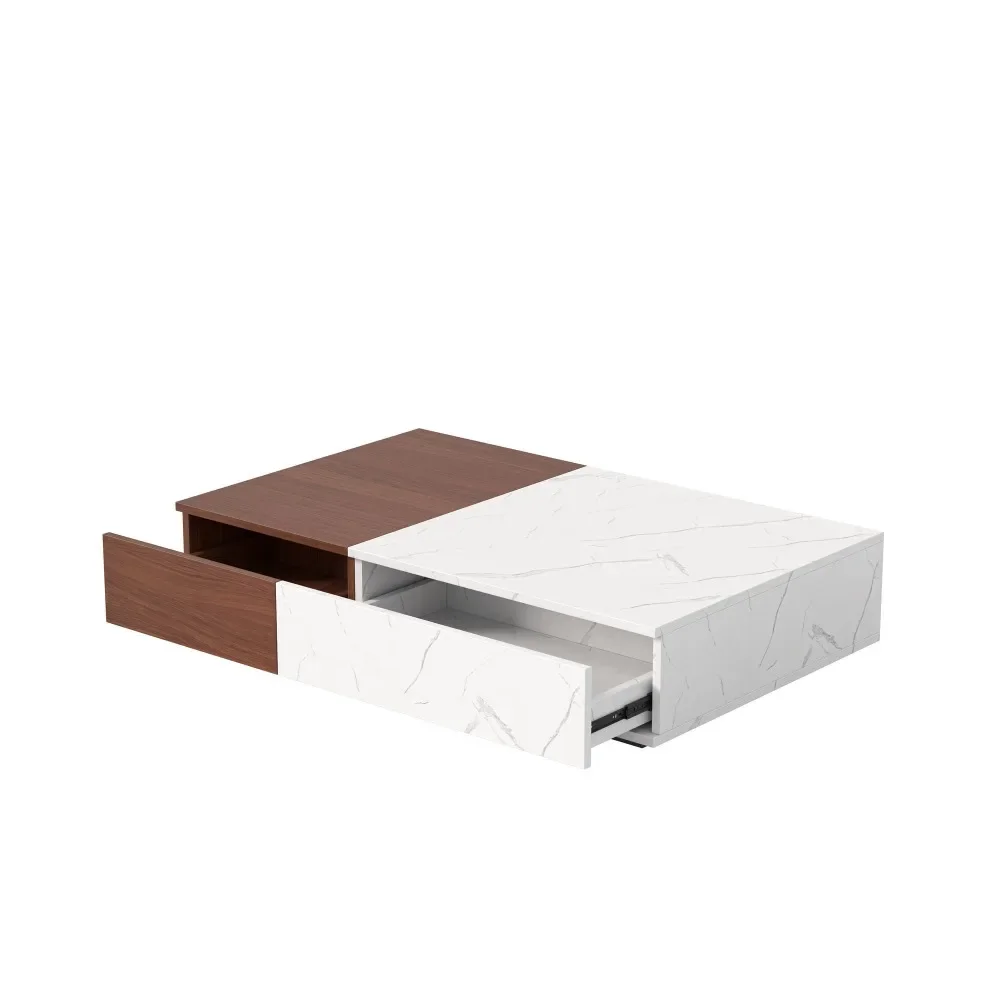 Modern Style Walnut Coffee Table with Two Storage Spaces，Marble Finish Two Color Patchwork Design