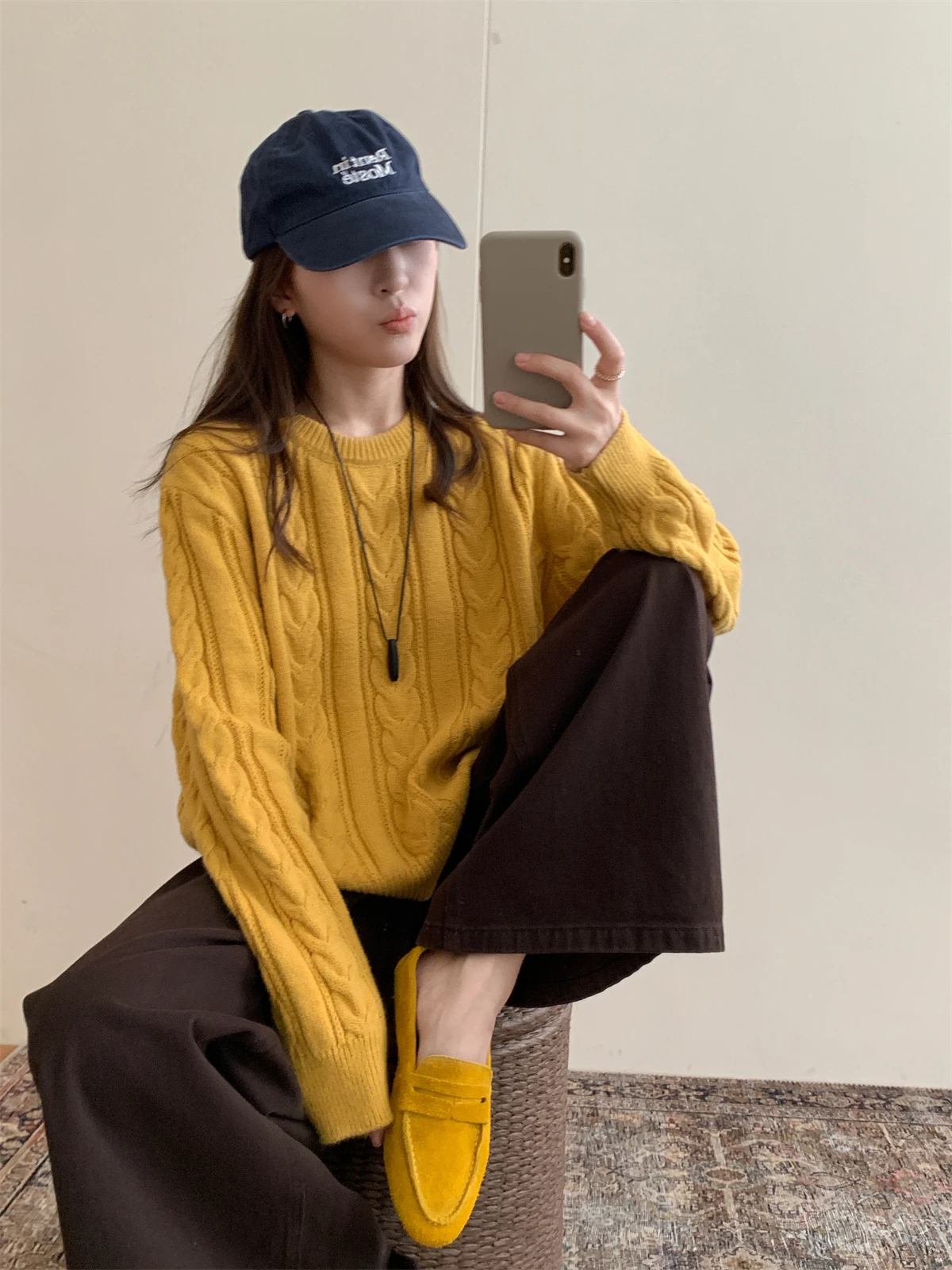 Korean Style Long Sleeve Women's Knitted Sweater Yellow Twist Pattern round Neck Pullover Soft Acrylic Fabric Autumn Winter Top