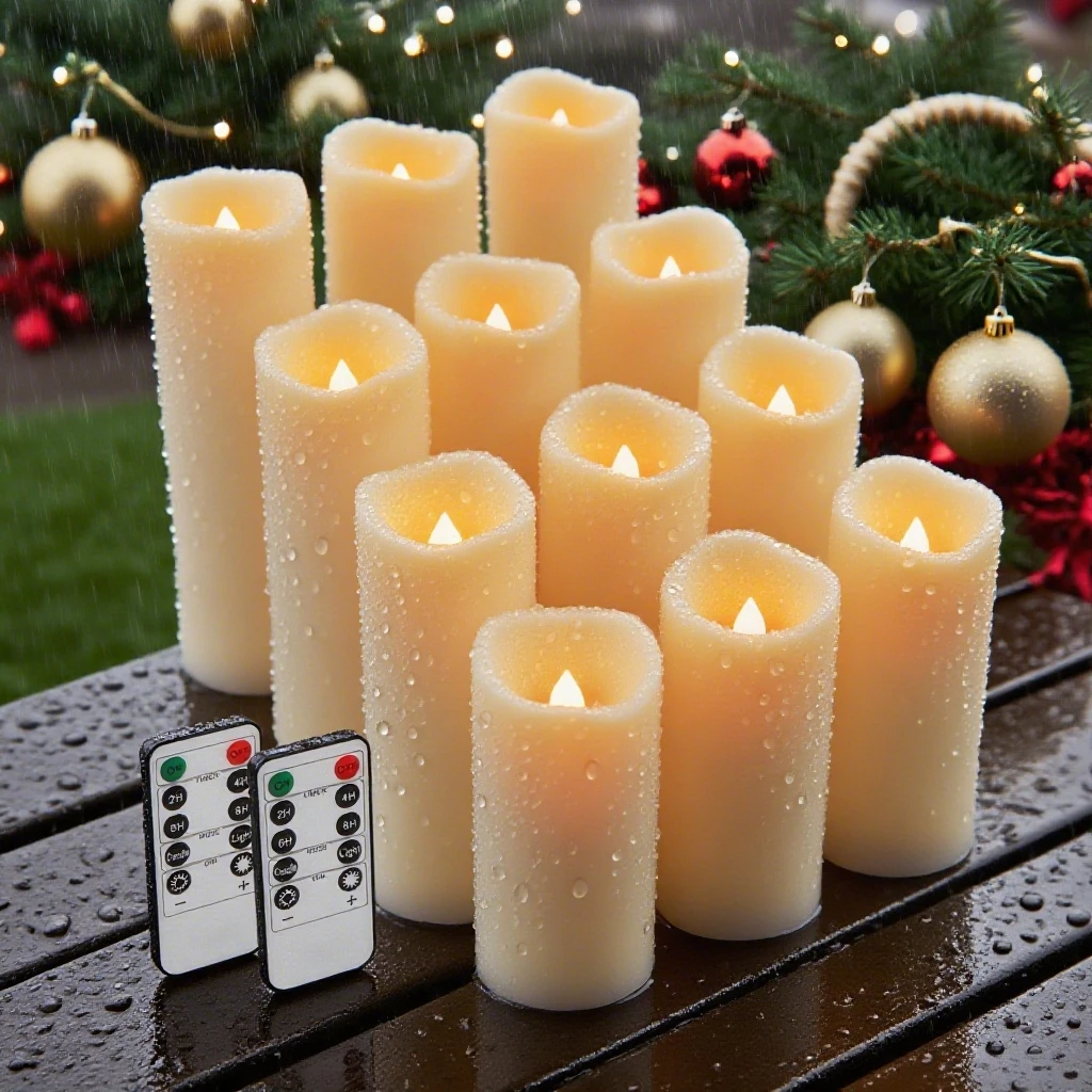 12Pc Waterproof Flameless Candles Set with Remote Control Flickering LED Candles Cycling 24 Hours Timer for Outdoor Camping Deco