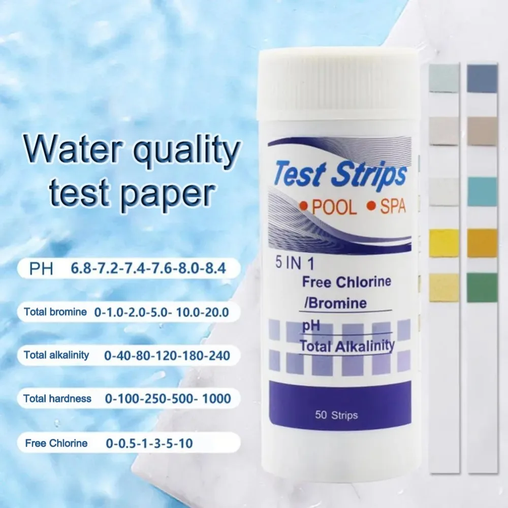 50 Pieces of Multi-purpose 5-in -1 Residual Chlorine PH Test Strip Spa Fish Tank Swimming Pool Water Tester Paper Hardness Tool